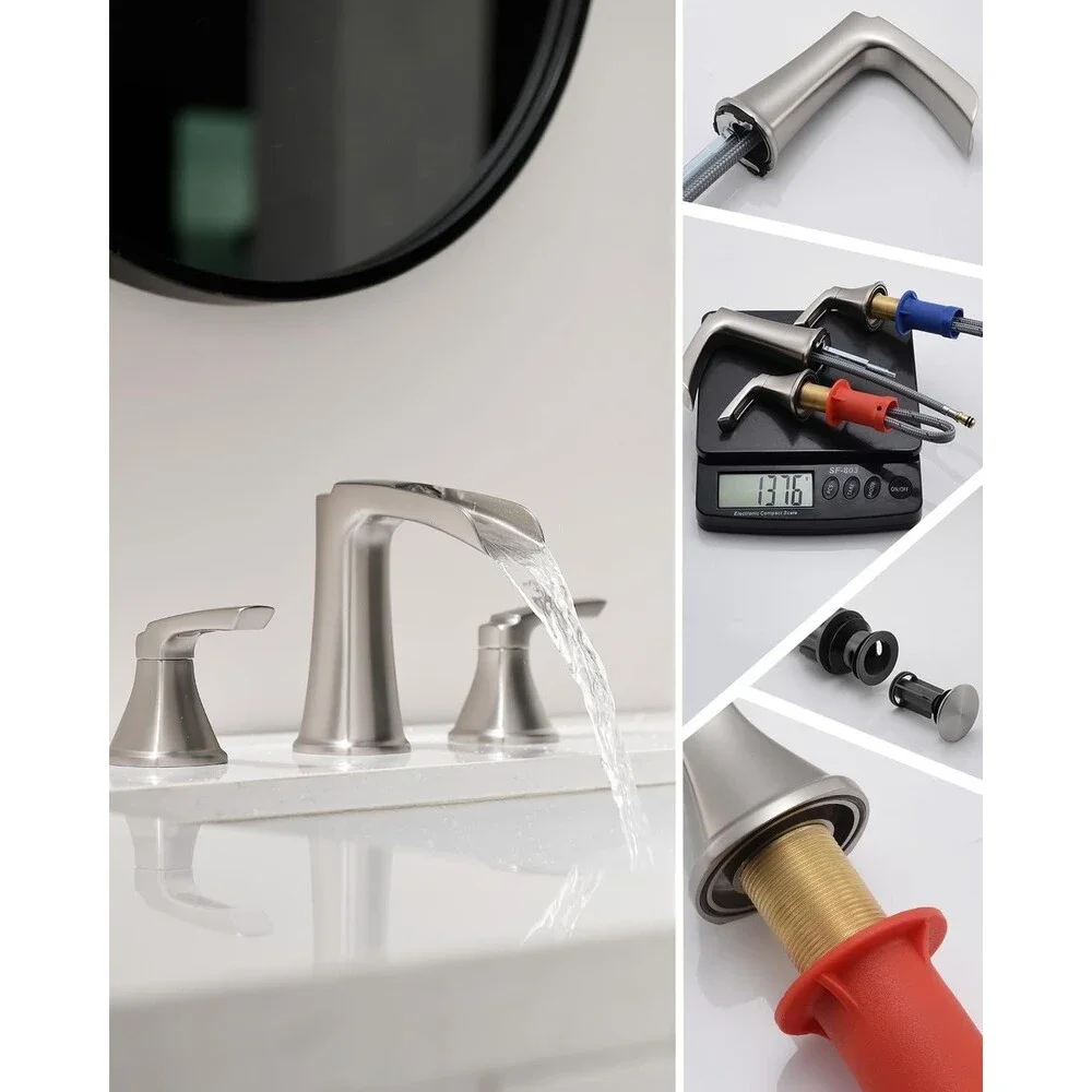 Brushed Nickel Widespread Bathroom Faucet 3 Hole Waterfall 8 Inch Sink Mixer